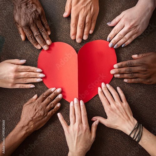 Vue de dessus de personnes multiethniques tenant des mains en forme de cœur en papier rouge. Groupe de personnes debout en cercle, promouvant l'unité, l'amour et le soutien à la Journée mondiale du do photo