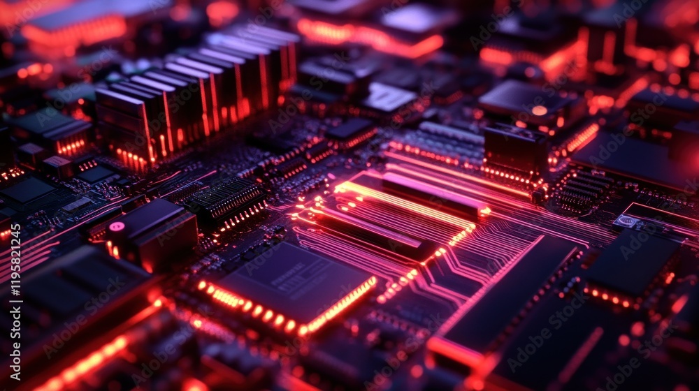 Red Illuminated Circuit Board Components Close Up Red Illuminated Circuit Board Components Close Up