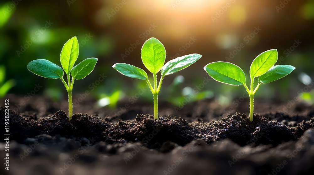 Three seedlings growing in rich soil, backlit by sunset, representing growth and new beginnings Three seedlings growing in rich soil, backlit by sunset, representing growth and new beginnings