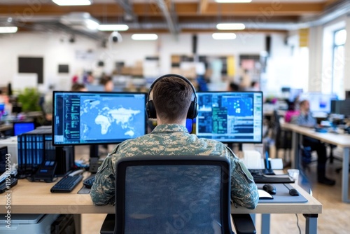 Military personnel analyze digital terrain maps and tactical screens in an active command center
