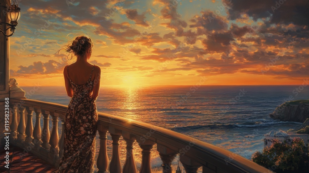 Fototapeta premium Beautiful woman in dress standing and enjoying the large balcony on sunset with sea view. Back view