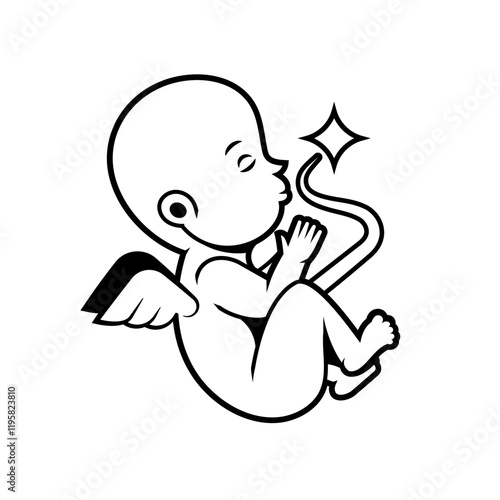 Baby in womb. Pregnancy and health of child. Ultrasound examination procedure. embryo and umbilical cord on screen. Sign with text. Medical emblem for pregnancy center. Monochrome vector illustration