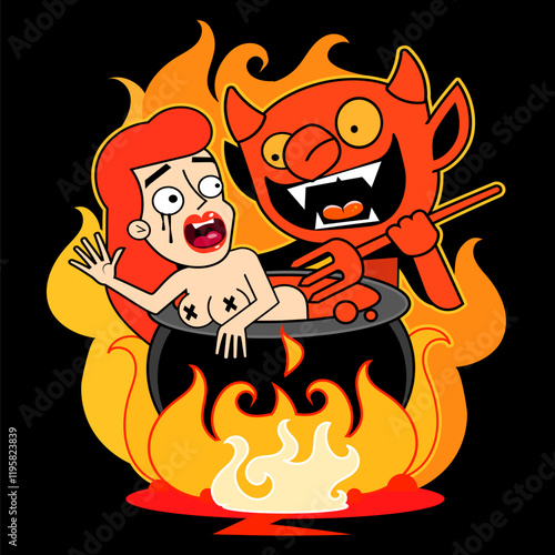 Sinners atone for their sins in purgatory. Religious belief of intermediate state after physical death for expiatory purification, or as punishment of the damned. Modeled on woodcut from 15th century.
