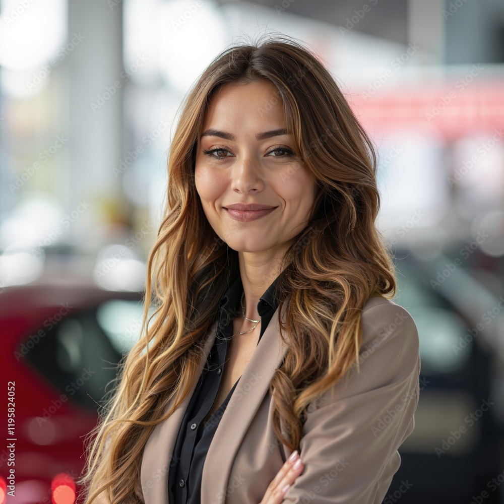 Fototapeta premium A woman standing in front of a red car in a showroom