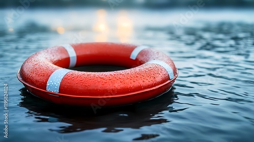 Wet life preserver floats on water, city lights blurred background; safety, rescue concept