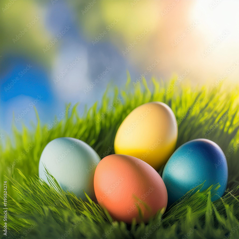 Colorful Easter eggs in a flower field, lying in green grass, in the background the sun and a bunny, warm nice spring day Colorful Easter eggs in a flower field, lying in green grass, in the background the sun and a bunny, warm nice spring day