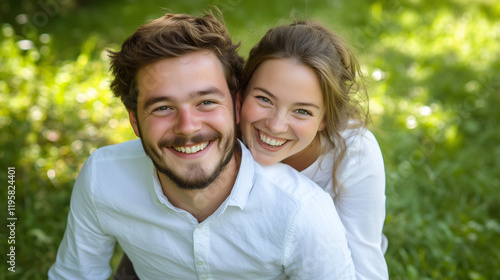 couple sitting on grass smiling happily