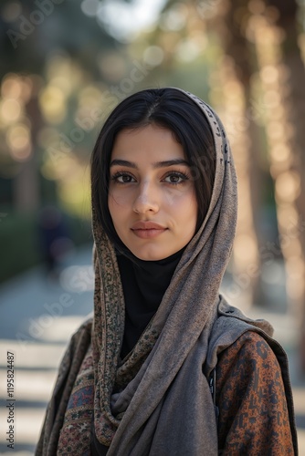 A woman wearing a headscarf standing in a park photo