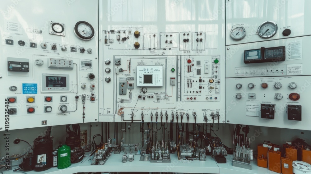 Minimalist control room displays monitoring equipment for battery assembly activities Minimalist control room displays monitoring equipment for battery assembly activities