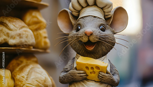 Funny statue of a mouse holding a piece of cheese, wearing a chefa??s hat, looking ready to cook up something big in the middle of the street photo