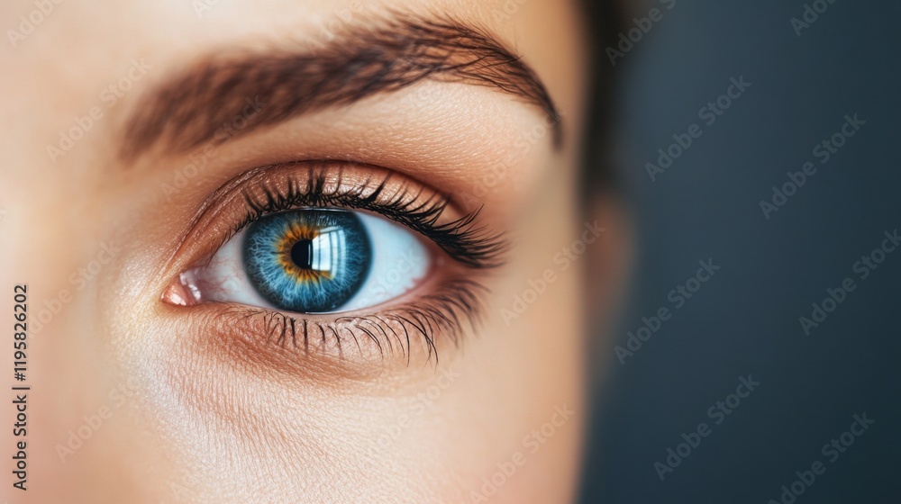 Obraz premium Close-up View of Human Eye Reflecting Light with Intricate Iris Patterns and Lush Eyelashes in Natural Lighting