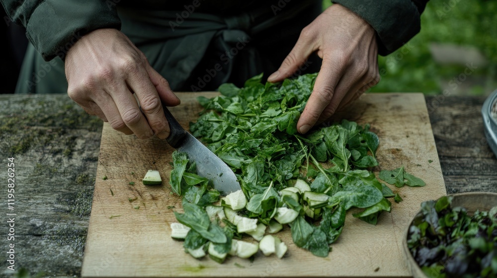 Person chopping fresh greens and zucchini on a wooden board Person chopping fresh greens and zucchini on a wooden board