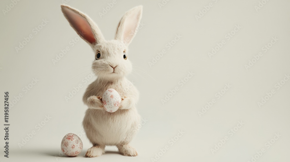 A fluffy rabbit with large ears is sitting upright on a plain background. To the left of the rabbit, there is a small, decorated egg. The rabbit's fur is light brown with white accents, and the egg A fluffy rabbit with large ears is sitting upright on a plain background. To the left of the rabbit, there is a small, decorated egg. The rabbit's fur is light brown with white accents, and the egg