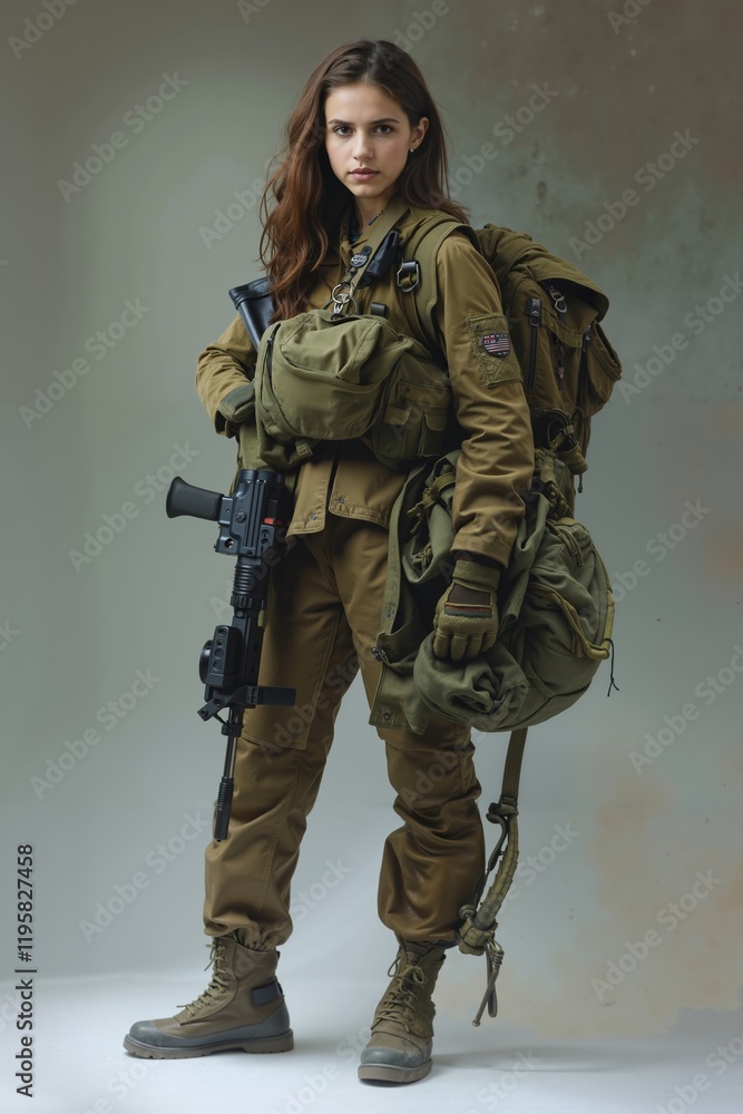 Fototapeta premium A woman in a military uniform holding a rifle and a backpack