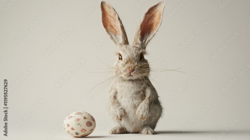 Obraz premium A fluffy rabbit with large ears is sitting upright on a plain background. To the left of the rabbit, there is a small, decorated egg. The rabbit's fur is light brown with white accents, and the egg