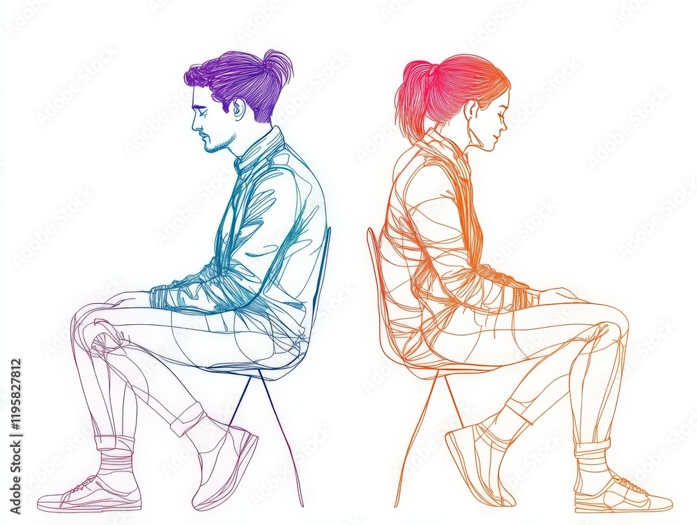 Vibrant abstract depiction of a man and woman sitting back to back with expressive gradient colors and line patterns, representing contrasting emotions in modern vector art Vibrant abstract depiction of a man and woman sitting back to back with expressive gradient colors and line patterns, representing contrasting emotions in modern vector art