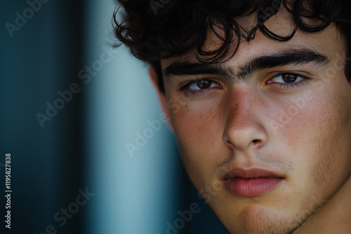 Skeptical Face: Close-up Portrait of a Person Raising an Eyebrow, Showing Doubt and Questioning      photo