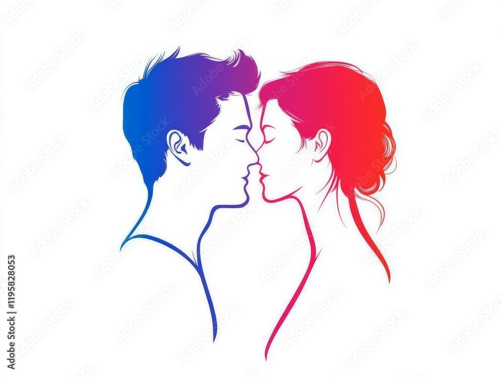 Silhouette illustration of a couple gazing into each others eyes, using vibrant red and blue hues to create a striking contrast and symbolize passion, balance, and connection Silhouette illustration of a couple gazing into each others eyes, using vibrant red and blue hues to create a striking contrast and symbolize passion, balance, and connection