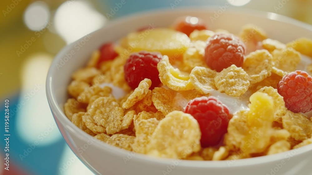 Delicious Cornflakes Bowl With Raspberries And Milk Delicious Cornflakes Bowl With Raspberries And Milk