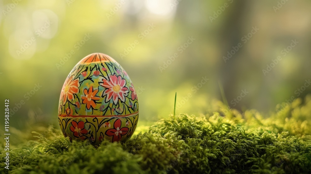 A beautifully decorated Easter egg with intricate floral patterns and vibrant colors is placed on a bed of green moss, surrounded by delicate pink flower petals. The background is softly blurred.