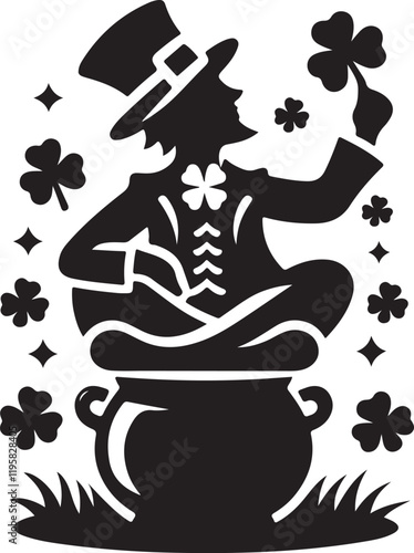 leprechaun with shamrocks and pot of gold