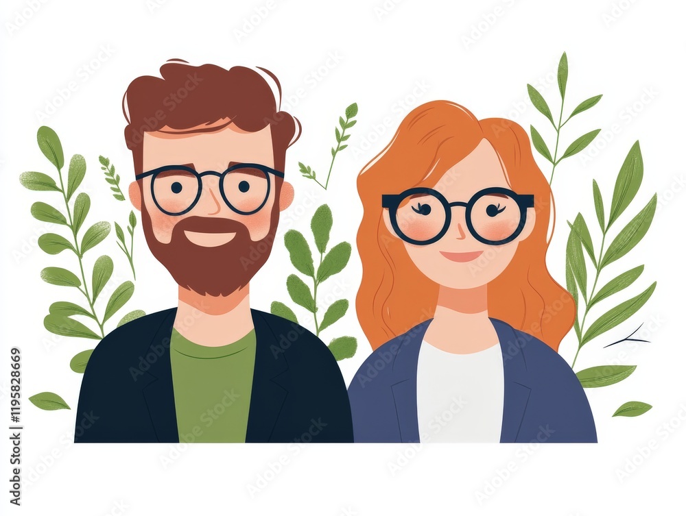 Cheerful flat illustration of a bearded man and a red haired woman with glasses surrounded by greenery, symbolizing modern relationships, individuality, and positive connections in life Cheerful flat illustration of a bearded man and a red haired woman with glasses surrounded by greenery, symbolizing modern relationships, individuality, and positive connections in life