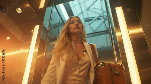 A woman in a white suit with a brown suitcase in an elevator photo