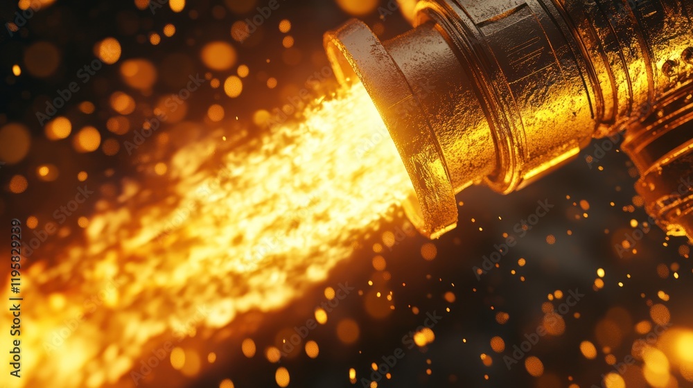 Molten metal flows from industrial pipe glowing brightly Molten metal flows from industrial pipe glowing brightly