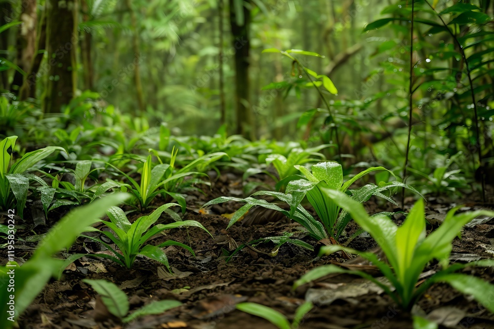 Vibrant green plants thrive on the damp rainforest floor, showcasing the biodiversity of a tropical ecosystem Vibrant green plants thrive on the damp rainforest floor, showcasing the biodiversity of a tropical ecosystem