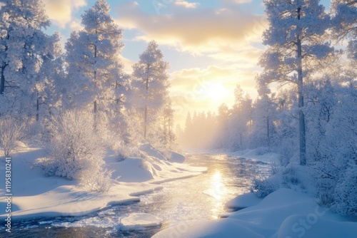 Wallpaper Mural Winter landscape with snow covered trees  ice river  and sunny backdrop. Torontodigital.ca