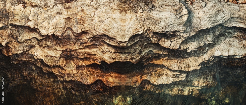Detailed double exposure of ripples blending with textured tree bark in natural setting Detailed double exposure of ripples blending with textured tree bark in natural setting