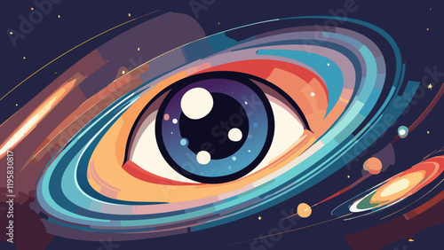 Vivid cosmic eye gazes into the infinite universe featuring colorful planets and swirling galaxies