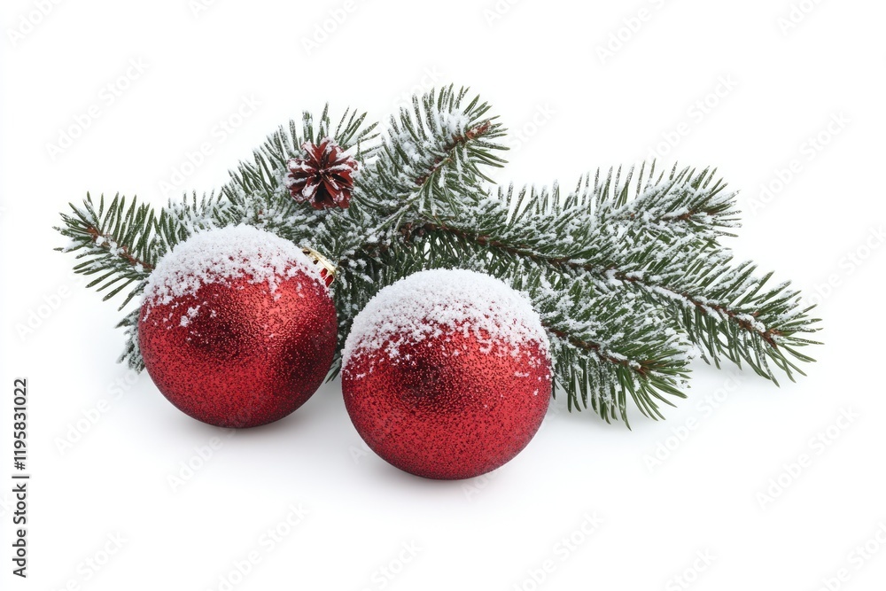 Obraz premium Christmas tree branch with red balls on snowy background.
