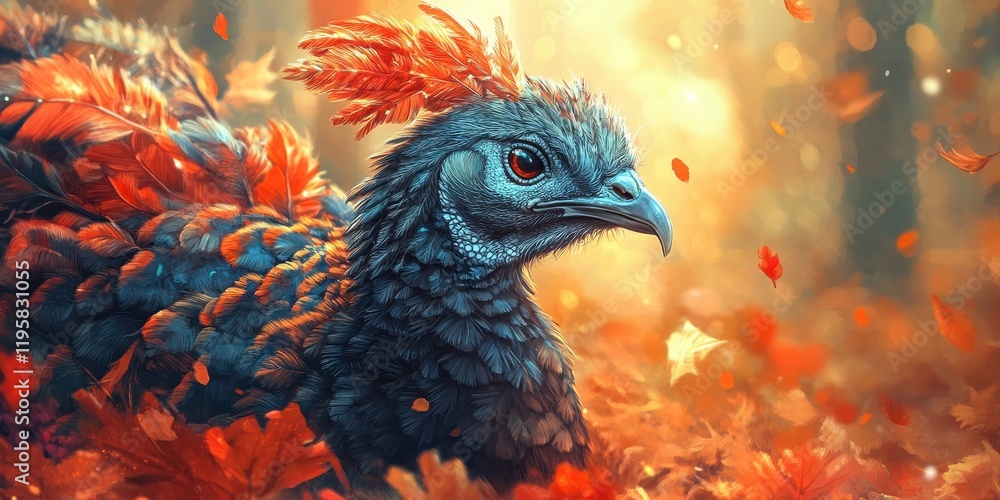 Obraz premium Vibrant and Majestic Bird with Lush Feathers Amidst Autumn Leaves and Warm Sunlight in a Mystical Forest Setting