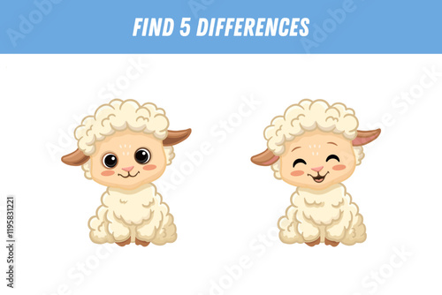 Find 5 differences between two pictures of cute sheep. Cartoon animal in flat style. Educational logical game for children. Vector illustration
