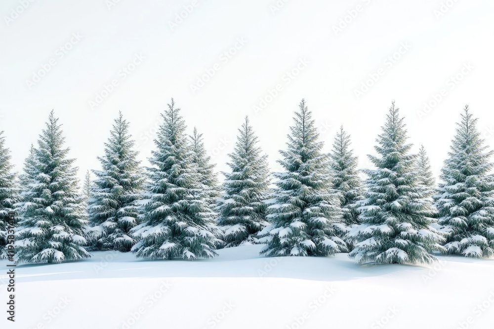 Naklejka premium Fir trees with snow on beautiful natural snowdrift with white background
