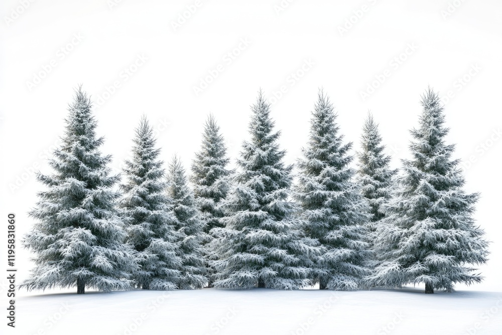 Fototapeta premium Group of frosty spruce trees in snow isolated on white