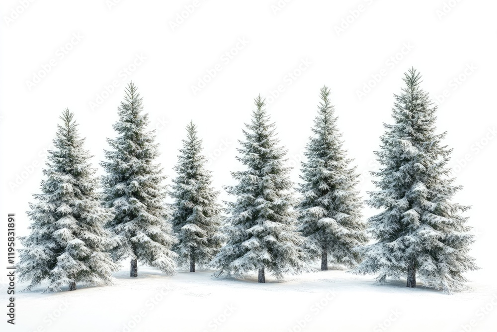 Group of frosty spruce trees in snow isolated on white Group of frosty spruce trees in snow isolated on white