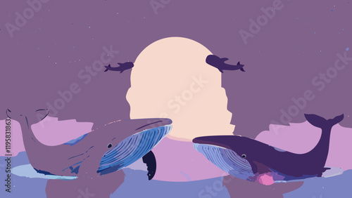Whales swim gracefully beneath a colorful sky with an abstract formation during twilight hours