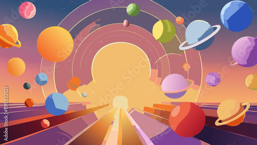 Vibrant cosmic journey through colorful planets and a glowing portal in a surreal landscape at sunset
