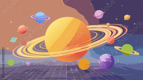 Colorful digital illustration of planets and rings floating in outer space with vibrant cosmic background