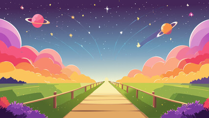 Papier peint photo Prune Colorful pathway through a vibrant landscape under a starry sky with planets  © Bendix