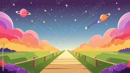 Colorful pathway through a vibrant landscape under a starry sky with planets