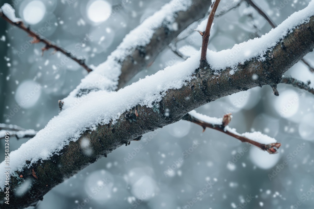 Snow covered alder tree branch in focus against blurred background. Snow covered alder tree branch in focus against blurred background.