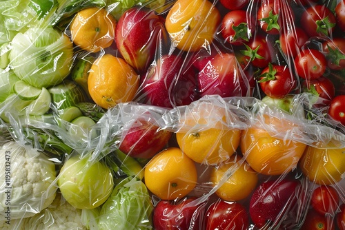 Fototapeta Naklejka Na Ścianę i Meble -  Various fruits and vegetables are tightly wrapped in plastic, raising concerns about freshness, waste, and environmental impact