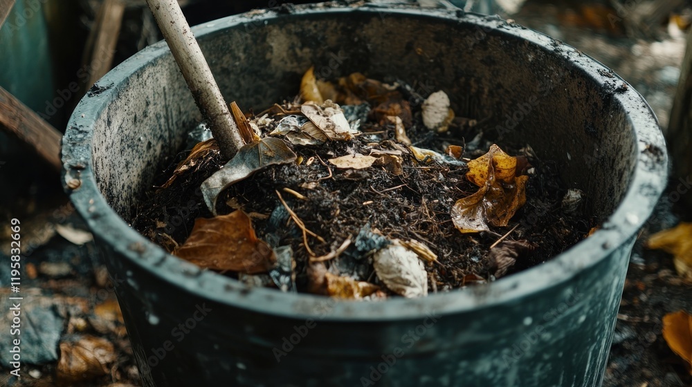 A Compost Bin With Shovel And Organic Waste A Compost Bin With Shovel And Organic Waste
