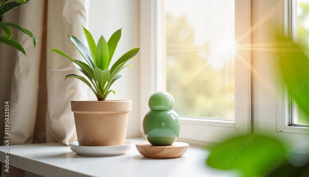 Fototapeta premium Jade plant and decor on sunny windowsill, home interior aesthetics