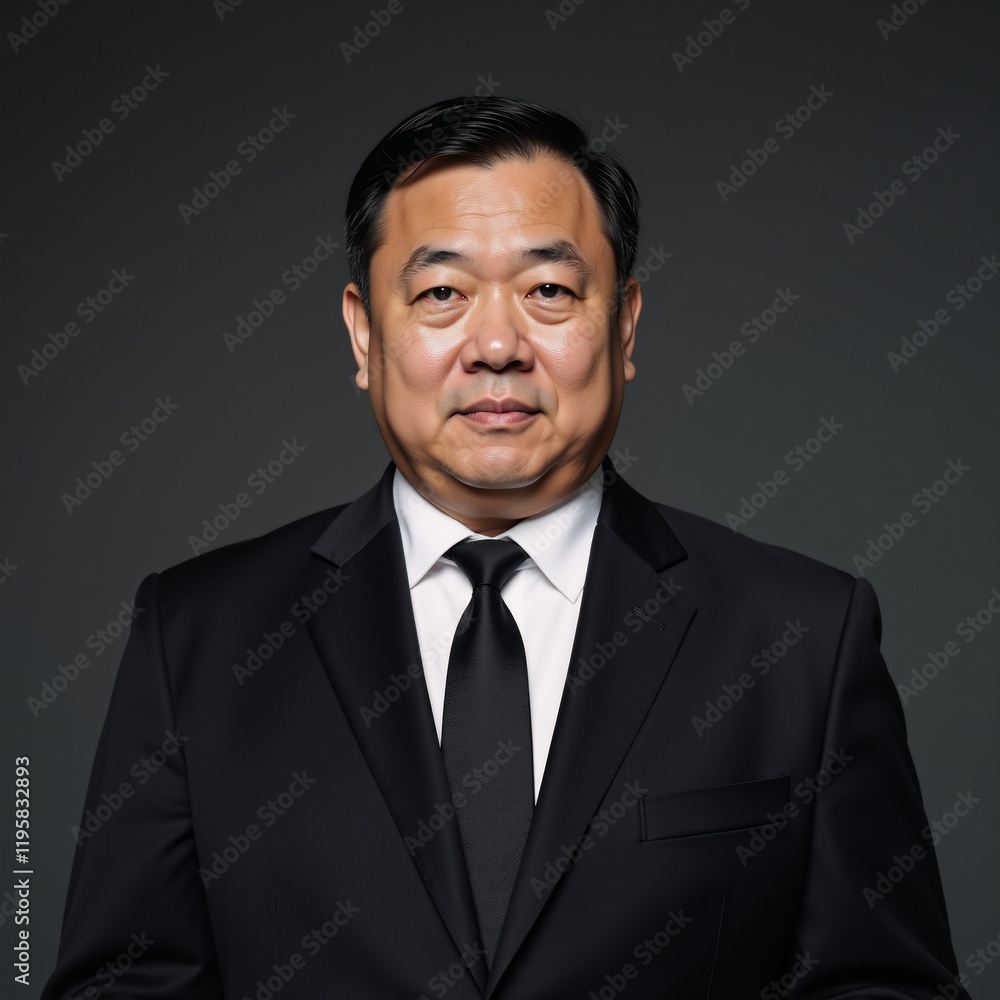 Asian overweight man late 40s security guard with an alert expression wearing a solid grey uniform against a plain background Asian overweight man late 40s security guard with an alert expression wearing a solid grey uniform against a plain background