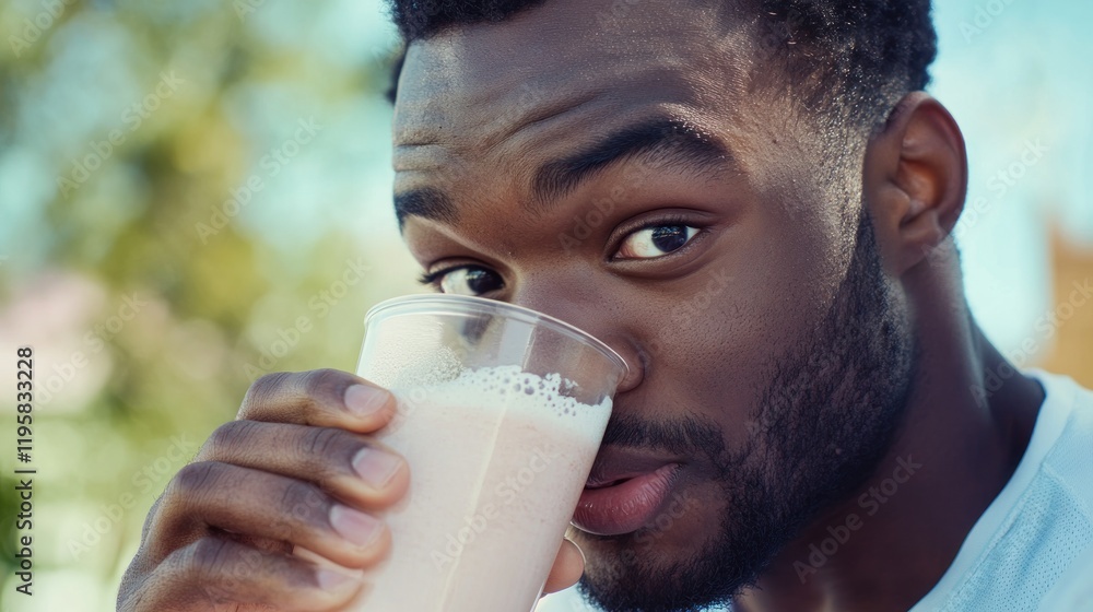 Man drinking a delicious pink smoothie outdoors Man drinking a delicious pink smoothie outdoors
