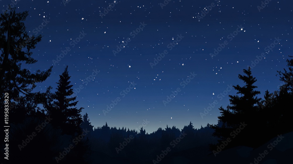 Naklejka premium Starry Night Sky Above Silhouetted Pine Forest